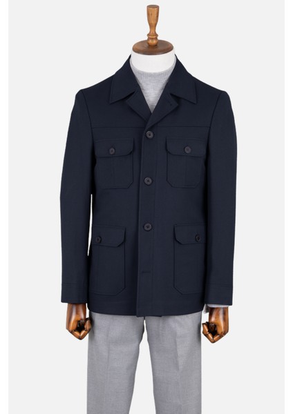 Erkek Safari Ceket Astarsız Mono Yaka Baharlık Slim Fit Lacivert