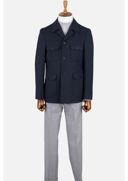 Erkek Safari Ceket Astarsız Mono Yaka Baharlık Slim Fit Lacivert modelleri
