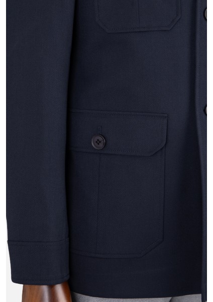 Erkek Safari Ceket Astarsız Mono Yaka Baharlık Slim Fit Lacivert