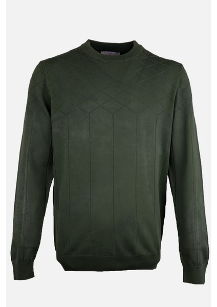 Erkek Bisiklet Yaka Triko Kazak Desenli Slim Fit Rayon Kumaş Haki