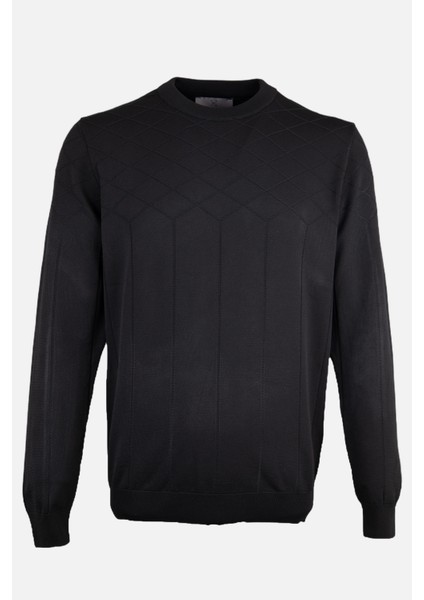 Erkek Bisiklet Yaka Triko Kazak Desenli Slim Fit Rayon Kumaş Siyah