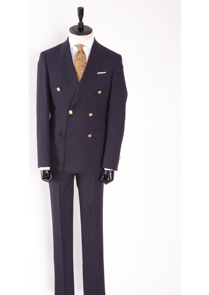 Erkek Kruvaze Takım Elbise Kendinden Dokulu Sivri Yaka Modern Fit Metal Düğme Lacivert