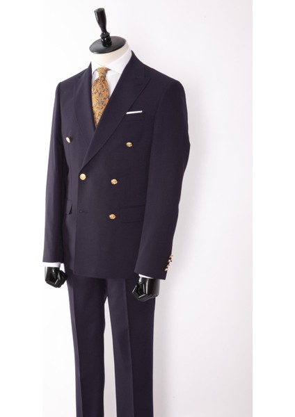 Erkek Kruvaze Takım Elbise Kendinden Dokulu Sivri Yaka Modern Fit Metal Düğme Lacivert fiyatları