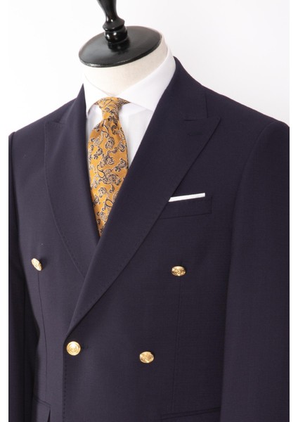 Erkek Kruvaze Takım Elbise Kendinden Dokulu Sivri Yaka Modern Fit Metal Düğme Lacivert modelleri