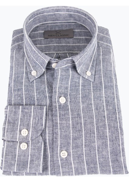 Erkek Düğmeli Yaka Gömlek Keten Çizgili Rahat Kalıp Gri