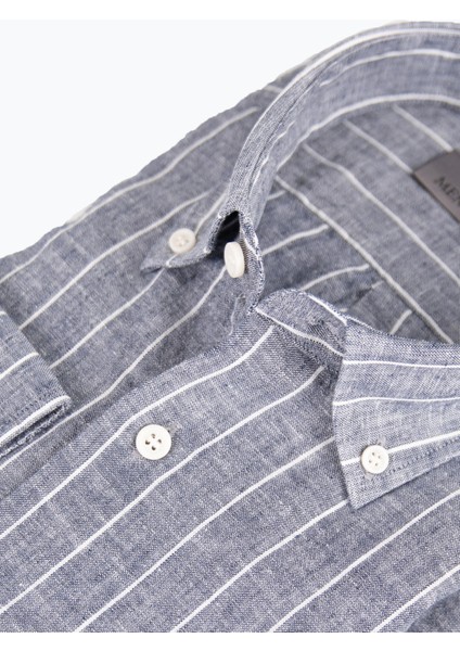 Erkek Düğmeli Yaka Gömlek Keten Çizgili Rahat Kalıp Gri fiyatları