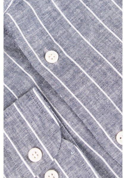 Erkek Düğmeli Yaka Gömlek Keten Çizgili Rahat Kalıp Gri modelleri