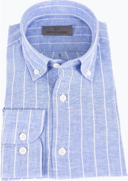 Erkek Düğmeli Yaka Gömlek Keten Çizgili Rahat Kalıp Mavi
