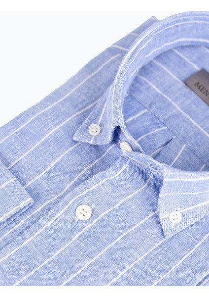 Erkek Düğmeli Yaka Gömlek Keten Çizgili Rahat Kalıp Mavi fiyatları