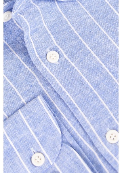 Erkek Düğmeli Yaka Gömlek Keten Çizgili Rahat Kalıp Mavi modelleri