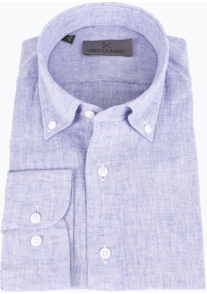 Erkek Düğmeli Yaka Gömlek Keten Uzun Kollu Regular Kalıp Mavi
