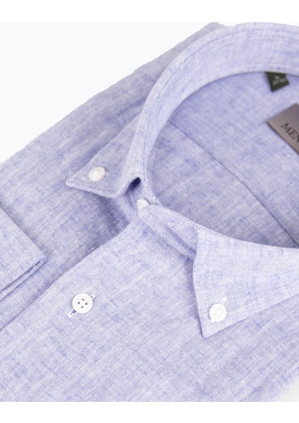 Erkek Düğmeli Yaka Gömlek Keten Uzun Kollu Regular Kalıp Mavi fiyatları