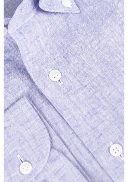 Erkek Düğmeli Yaka Gömlek Keten Uzun Kollu Regular Kalıp Mavi modelleri