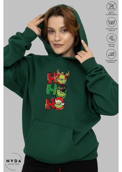 Oversize Penye Pamuk Unisex Hoodie Uzun Kollu Grinch Yılbaşı Baskılı Kapüşonlu Şardonlu Sweatshirt Nyda Collections