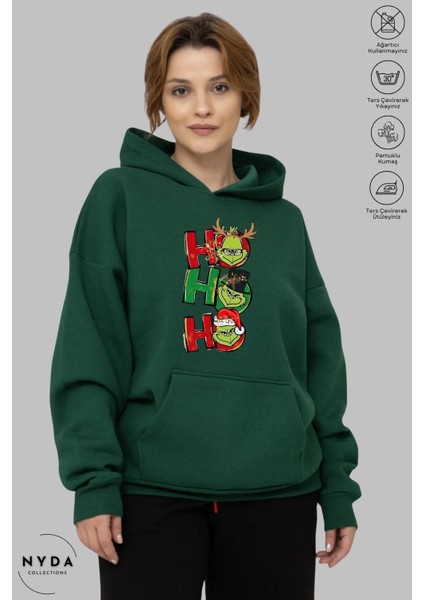 Oversize Penye Pamuk Unisex Hoodie Uzun Kollu Grinch Yılbaşı Baskılı Kapüşonlu Şardonlu Sweatshirt Nyda Collections fiyatları
