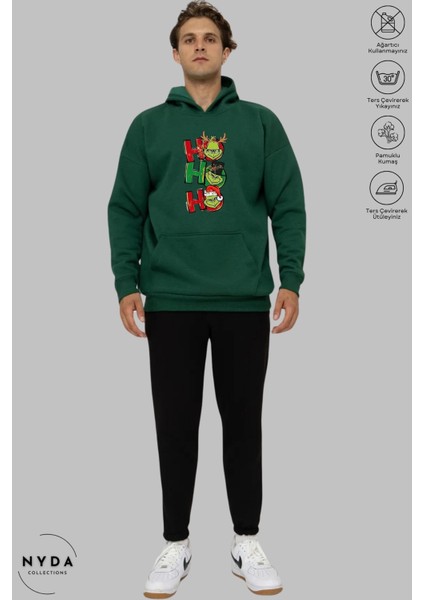 Oversize Penye Pamuk Unisex Hoodie Uzun Kollu Grinch Yılbaşı Baskılı Kapüşonlu Şardonlu Sweatshirt Nyda Collections modelleri