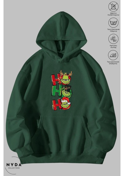 Oversize Penye Pamuk Unisex Hoodie Uzun Kollu Grinch Yılbaşı Baskılı Kapüşonlu Şardonlu Sweatshirt Nyda Collections