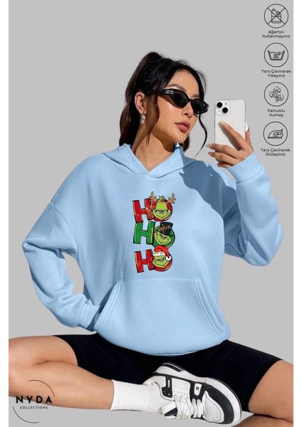 Oversize Penye Pamuk Unisex Hoodie Uzun Kollu Grinch Yılbaşı Baskılı Kapüşonlu Şardonlu Sweatshirt Nyda Collections