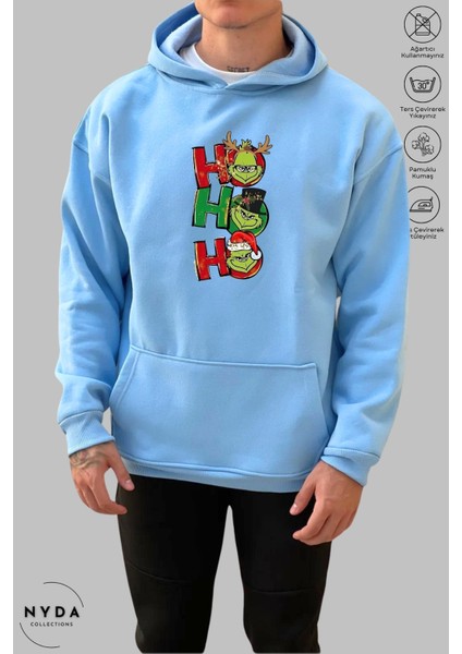 Oversize Penye Pamuk Unisex Hoodie Uzun Kollu Grinch Yılbaşı Baskılı Kapüşonlu Şardonlu Sweatshirt Nyda Collections modelleri