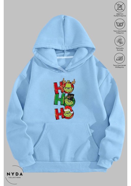 Oversize Penye Pamuk Unisex Hoodie Uzun Kollu Grinch Yılbaşı Baskılı Kapüşonlu Şardonlu Sweatshirt Nyda Collections