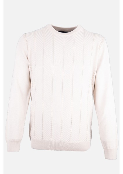 Erkek Bisiklet Yaka Triko Kazak Balıksırtı Desen Yün Modern Fit Bej