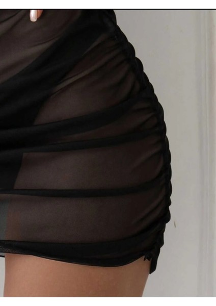 Beli Lastikli Büzgülü Bikini Üstü Plaj Tül Etek