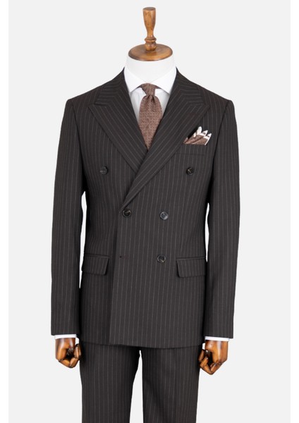 Erkek Kruvaze Takım Elbise Çizgili Kırlangıç Yaka Çift Yırtmaç Modern Fit Acı Kahve