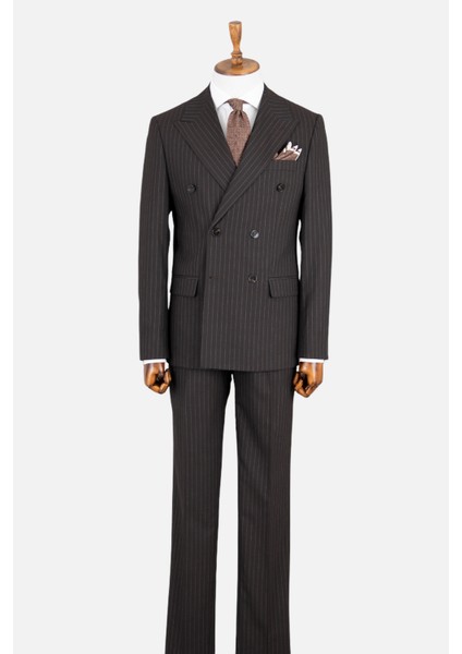 Erkek Kruvaze Takım Elbise Çizgili Kırlangıç Yaka Çift Yırtmaç Modern Fit Acı Kahve modelleri