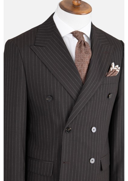 Erkek Kruvaze Takım Elbise Çizgili Kırlangıç Yaka Çift Yırtmaç Modern Fit Acı Kahve fırsatları