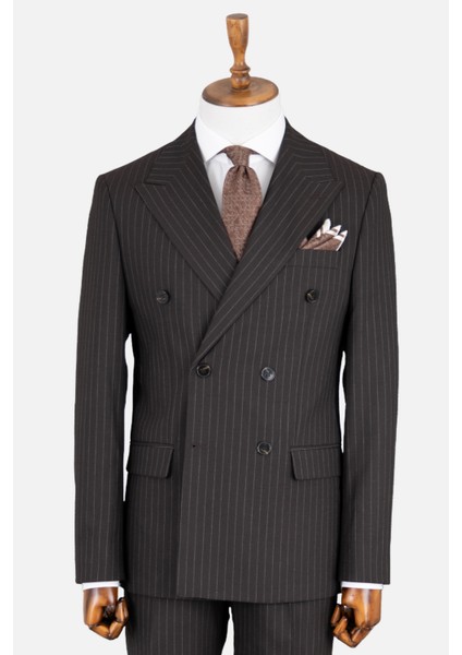 Erkek Kruvaze Takım Elbise Çizgili Kırlangıç Yaka Çift Yırtmaç Modern Fit Acı Kahve indirimleri