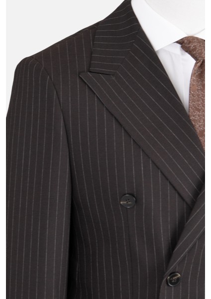 Erkek Kruvaze Takım Elbise Çizgili Kırlangıç Yaka Çift Yırtmaç Modern Fit Acı Kahve