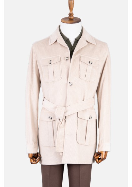 Erkek Trençkot Kadife Kumaş Kuşaklı Safari Cepli Modern Fit Mono Yaka Bej