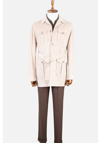 Erkek Trençkot Kadife Kumaş Kuşaklı Safari Cepli Modern Fit Mono Yaka Bej modelleri