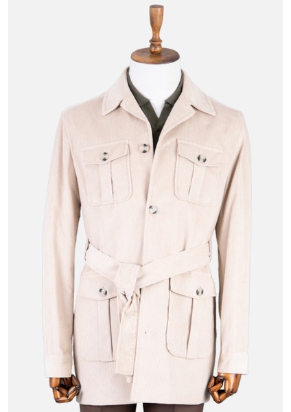 Erkek Trençkot Kadife Kumaş Kuşaklı Safari Cepli Modern Fit Mono Yaka Bej indirimleri