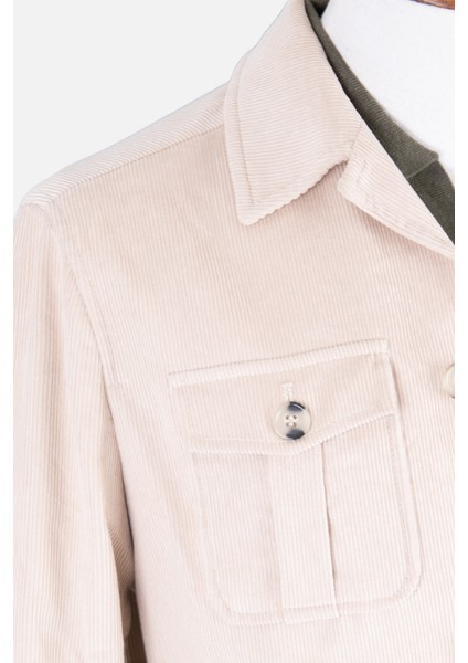 Erkek Trençkot Kadife Kumaş Kuşaklı Safari Cepli Modern Fit Mono Yaka Bej