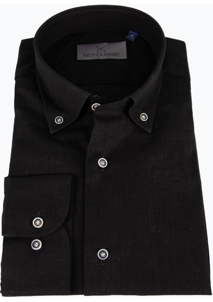 Erkek Düğmeli Yaka Gömlek Keten Uzun Kollu Rahat Kalıp Siyah
