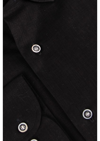 Erkek Düğmeli Yaka Gömlek Keten Uzun Kollu Rahat Kalıp Siyah modelleri