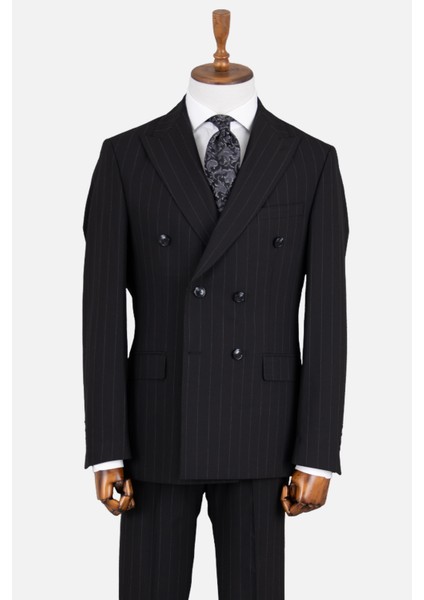 Erkek Kruvaze Takım Elbise Çizgili Kırlangıç Yaka Çift Yırtmaç Modern Fit Siyah