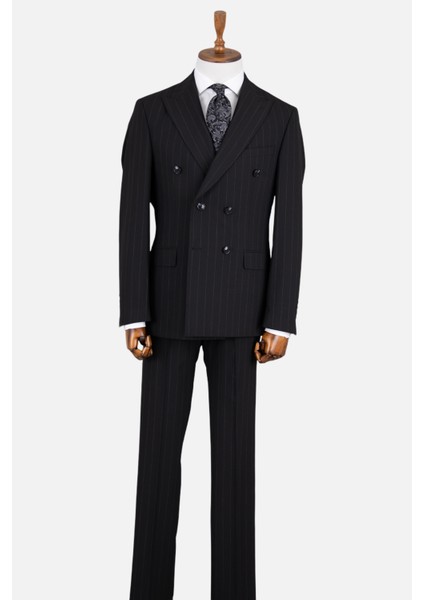 Erkek Kruvaze Takım Elbise Çizgili Kırlangıç Yaka Çift Yırtmaç Modern Fit Siyah fiyatları