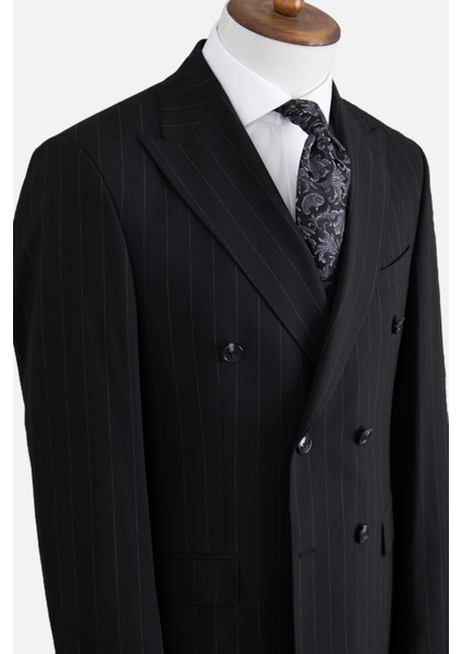 Erkek Kruvaze Takım Elbise Çizgili Kırlangıç Yaka Çift Yırtmaç Modern Fit Siyah modelleri