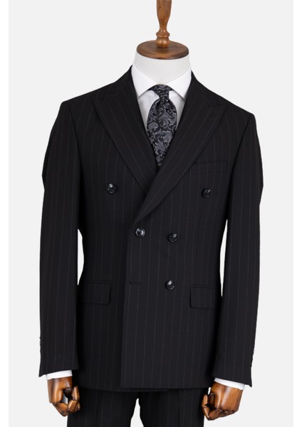 Erkek Kruvaze Takım Elbise Çizgili Kırlangıç Yaka Çift Yırtmaç Modern Fit Siyah indirimleri