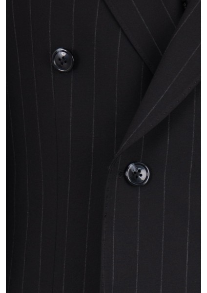 Erkek Kruvaze Takım Elbise Çizgili Kırlangıç Yaka Çift Yırtmaç Modern Fit Siyah