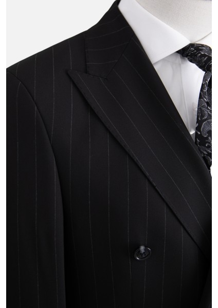 Erkek Kruvaze Takım Elbise Çizgili Kırlangıç Yaka Çift Yırtmaç Modern Fit Siyah