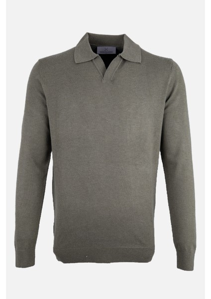 Erkek Polo Yaka Triko Kazak Slim Fit Pamuk Kaşmir Haki