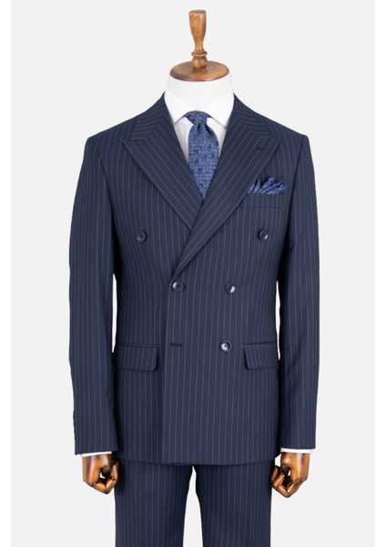 Erkek Kruvaze Takım Elbise Çizgili Kırlangıç Yaka Çift Yırtmaç Modern Fit Lacivert
