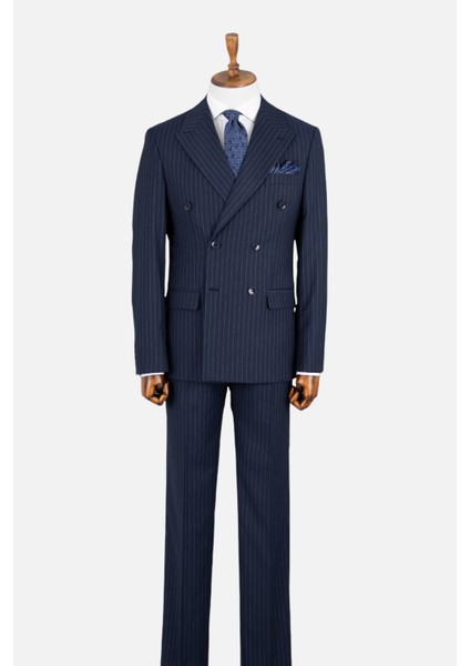 Erkek Kruvaze Takım Elbise Çizgili Kırlangıç Yaka Çift Yırtmaç Modern Fit Lacivert modelleri