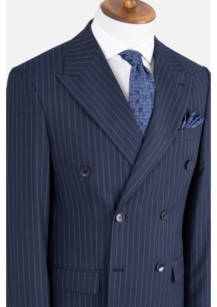 Erkek Kruvaze Takım Elbise Çizgili Kırlangıç Yaka Çift Yırtmaç Modern Fit Lacivert fırsatları
