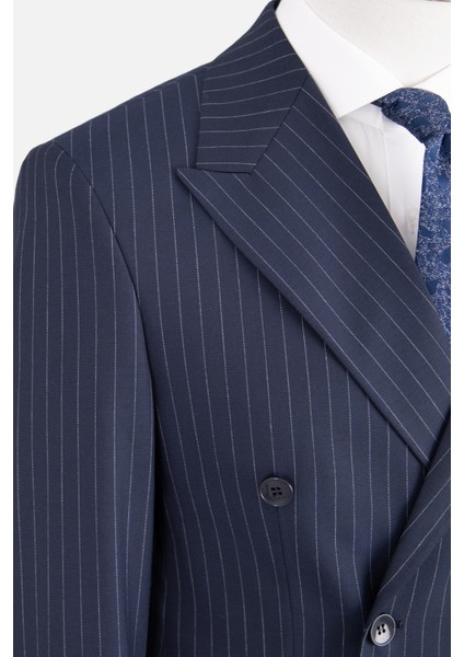 Erkek Kruvaze Takım Elbise Çizgili Kırlangıç Yaka Çift Yırtmaç Modern Fit Lacivert indirimleri