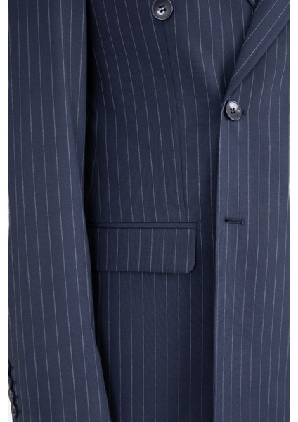 Erkek Kruvaze Takım Elbise Çizgili Kırlangıç Yaka Çift Yırtmaç Modern Fit Lacivert