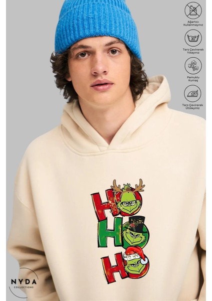 Oversize Penye Pamuk Unisex Hoodie Uzun Kollu Grinch Yılbaşı Baskılı Kapüşonlu Şardonlu Sweatshirt Nyda Collections fiyatları